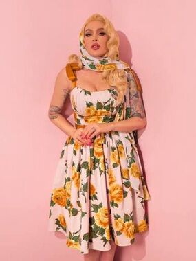 1950s Swing Sundress and Scarf in Yellow Vintage Roses